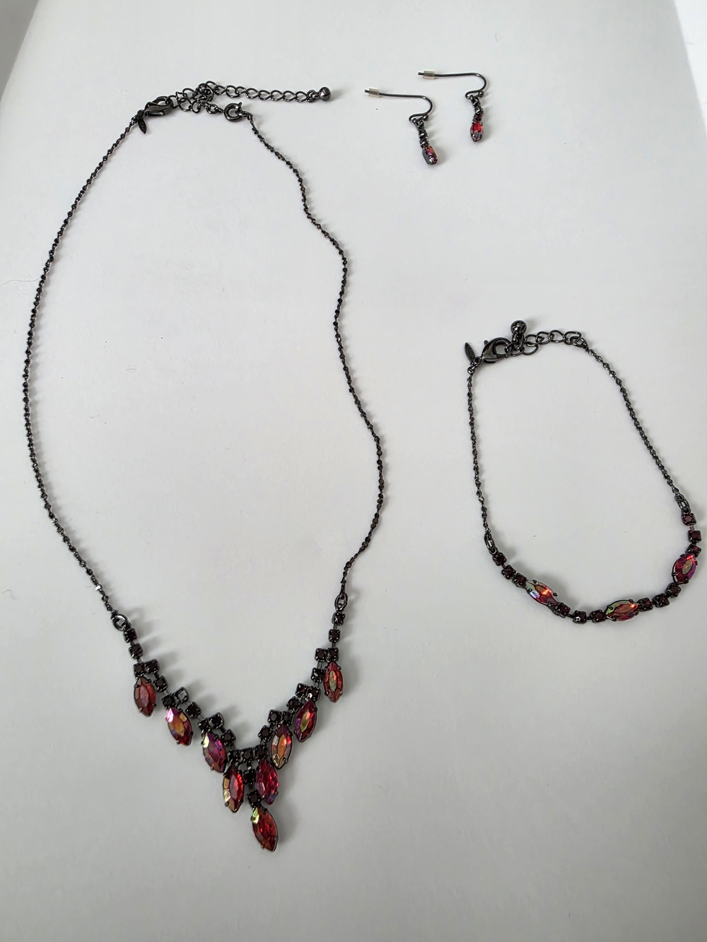 Avon Gunmetal Necklace Bracelet & Earrings Set with Red-Pink Crystals